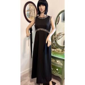 Vintage Black Sheath Dress Forever Young Barkcloth Asian Chinese Metallic Maxi L
